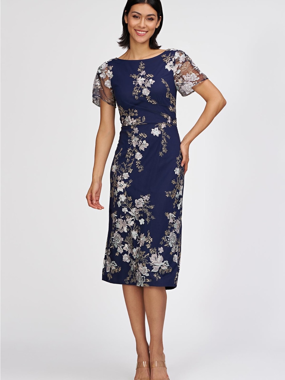JS Collections Navy Dress with Silver and Cream Floral Embroidery